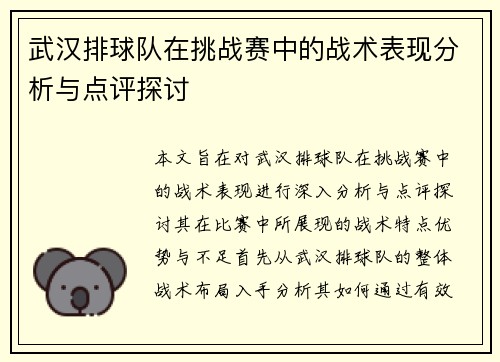 武汉排球队在挑战赛中的战术表现分析与点评探讨